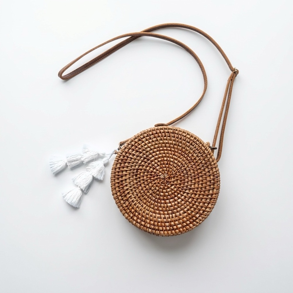 Round Rattan Crossbody Bag - Brown with White Tassels